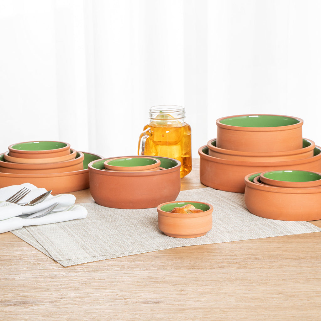 Terra Tek 3 oz Terracotta Cazuela Bowl - Green Glazed Interior, Oven-Safe, Microwave-Safe - 3 1/4'' x 3 1/4'' x 1 1/2'' - 2 count box