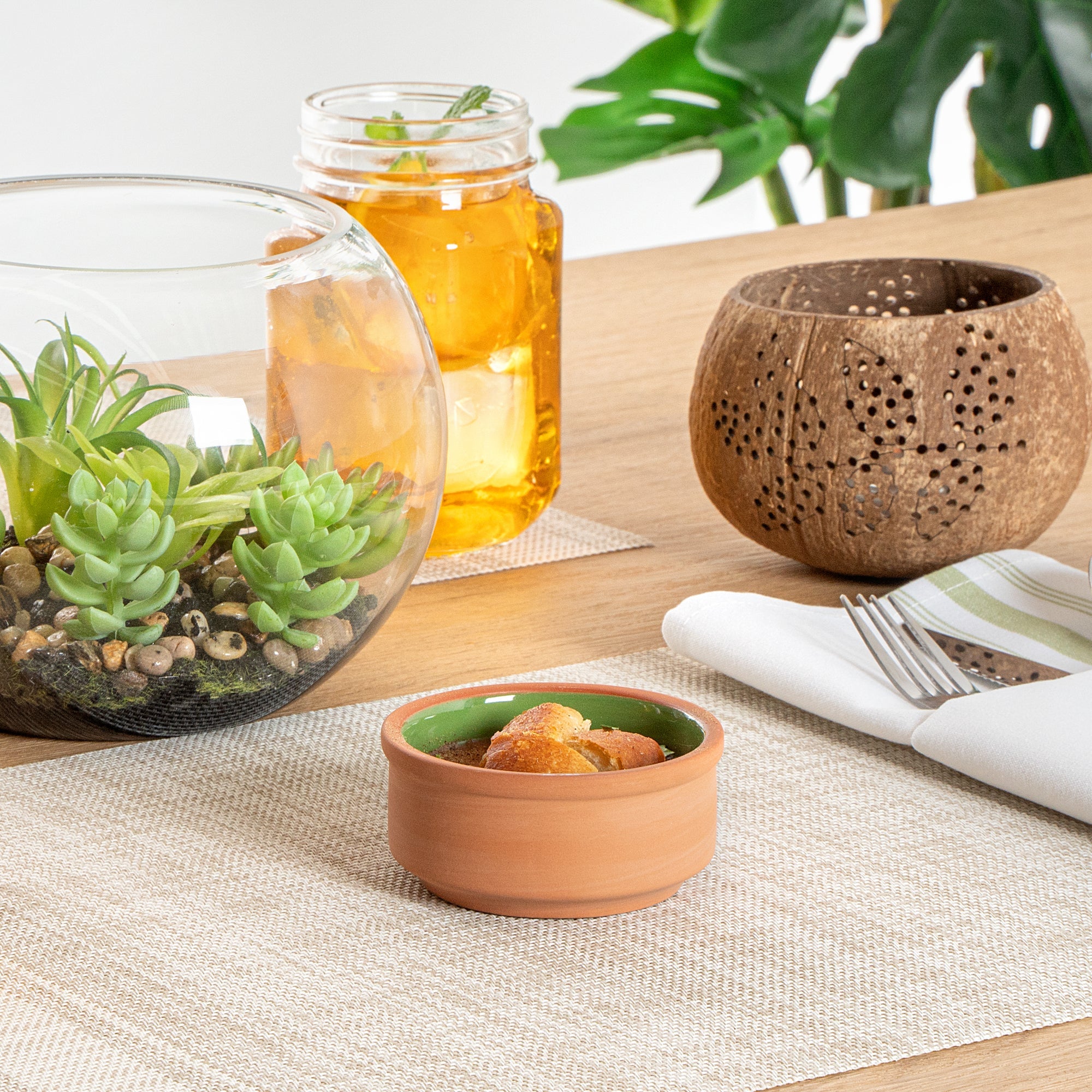 Terra Tek 3 oz Terracotta Cazuela Bowl - Green Glazed Interior, Oven-Safe, Microwave-Safe - 3 1/4'' x 3 1/4'' x 1 1/2'' - 10 count box