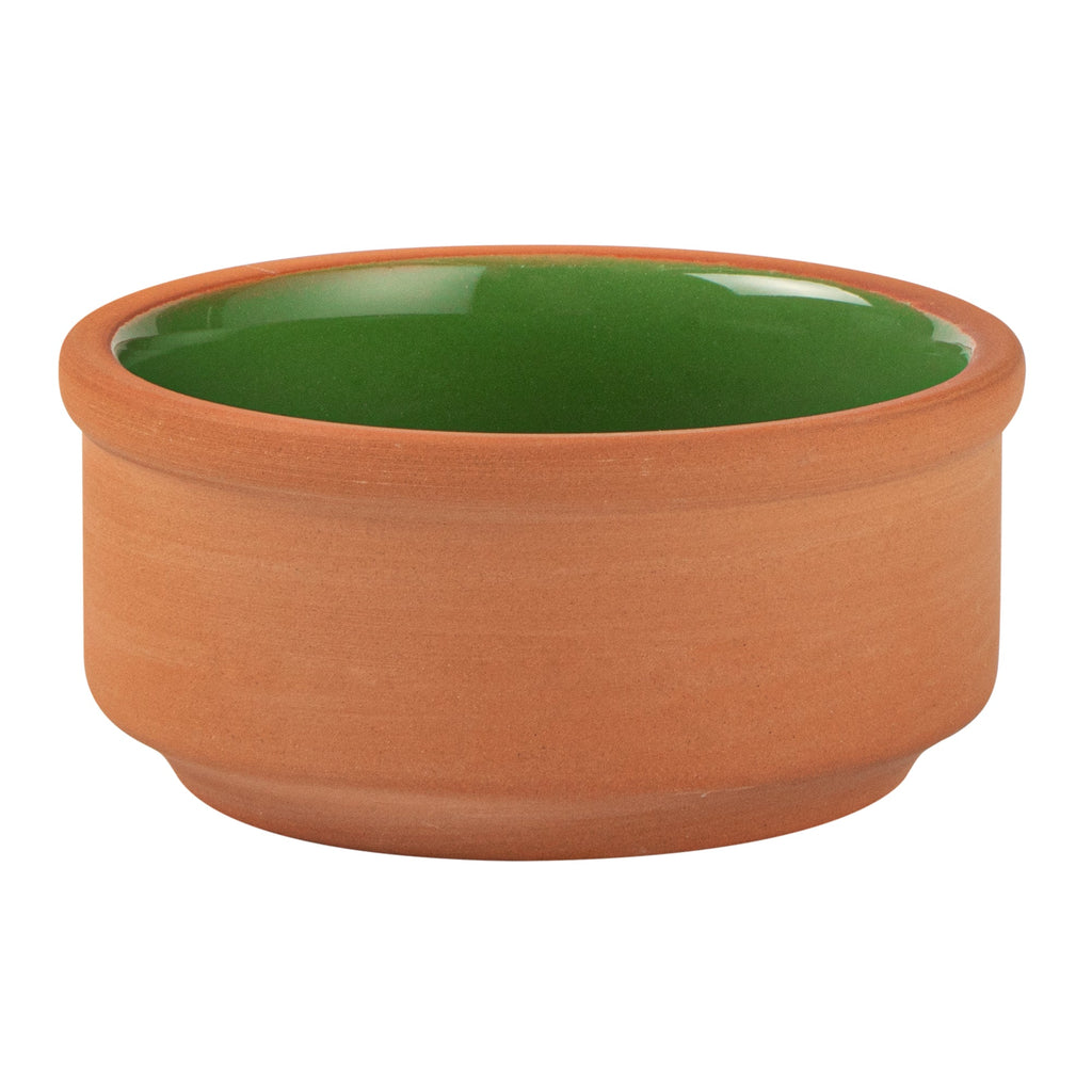 Terra Tek 3 oz Terracotta Cazuela Bowl - Green Glazed Interior, Oven-Safe, Microwave-Safe - 3 1/4'' x 3 1/4'' x 1 1/2'' - 10 count box