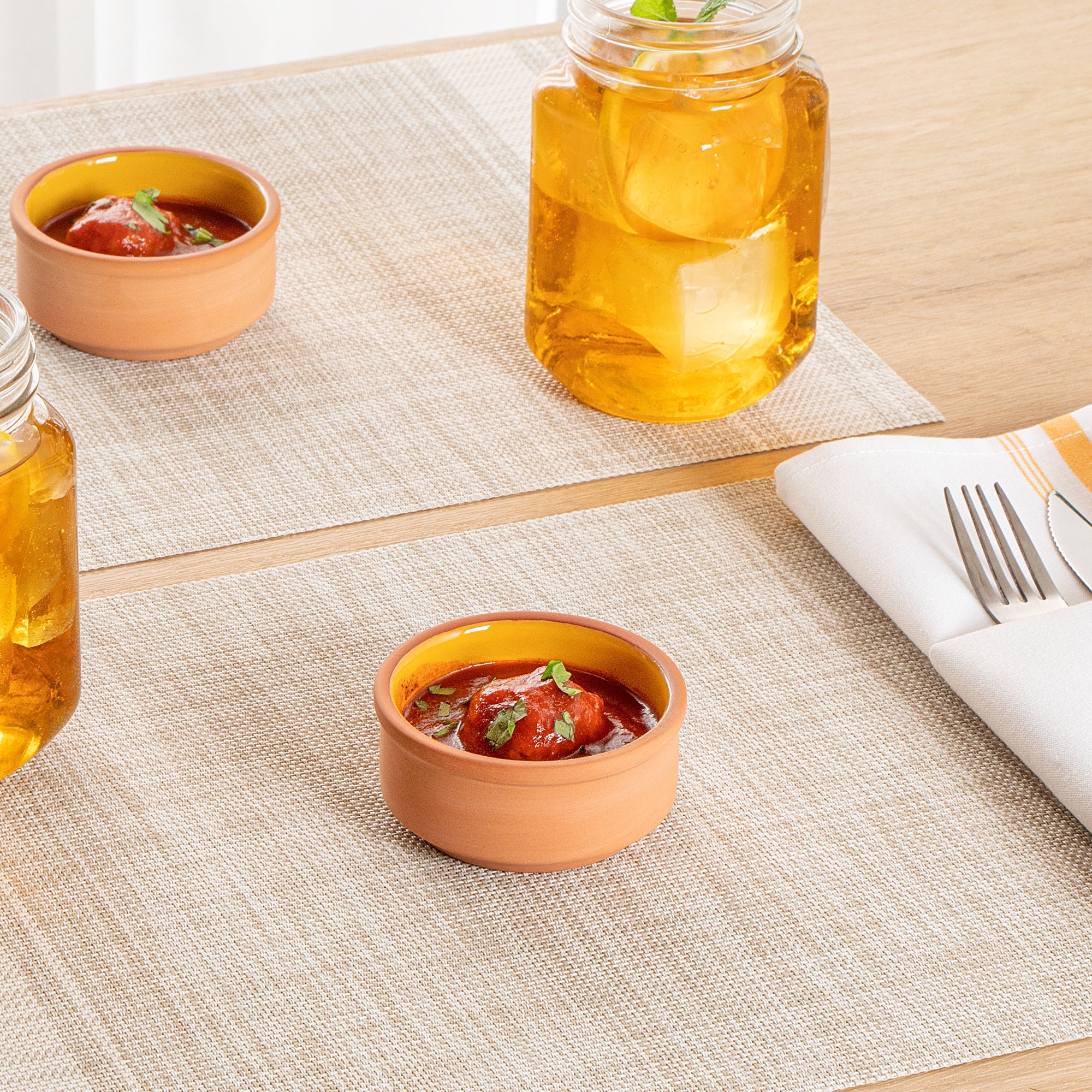 Terra Tek 3 oz Terracotta Cazuela Bowl - Yellow Glazed Interior, Oven-Safe, Microwave-Safe - 3 1/4'' x 3 1/4'' x 1 1/2'' - 2 count box