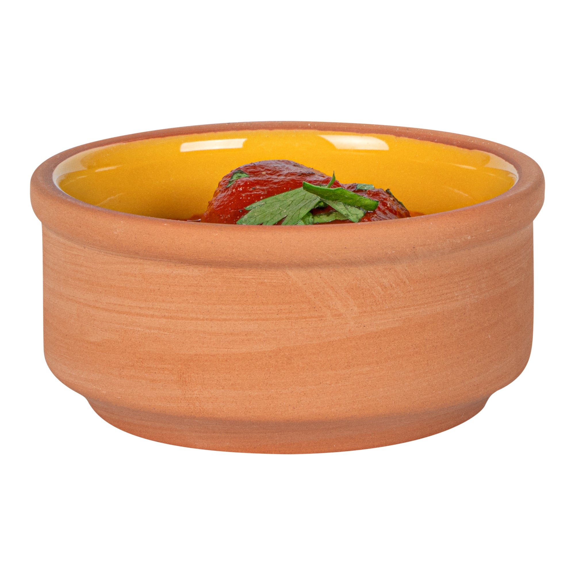 Terra Tek 3 oz Terracotta Cazuela Bowl - Yellow Glazed Interior, Oven-Safe, Microwave-Safe - 3 1/4'' x 3 1/4'' x 1 1/2'' - 2 count box