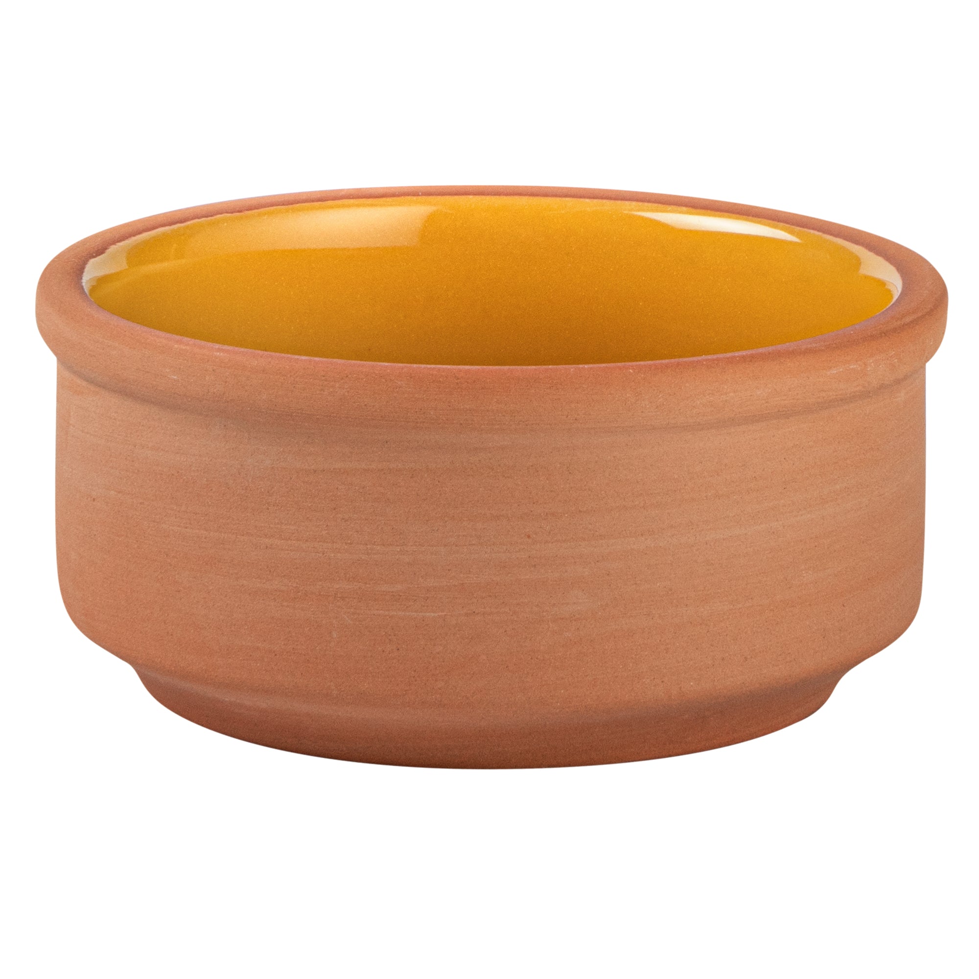 Terra Tek 3 oz Terracotta Cazuela Bowl - Yellow Glazed Interior, Oven-Safe, Microwave-Safe - 3 1/4'' x 3 1/4'' x 1 1/2'' - 2 count box