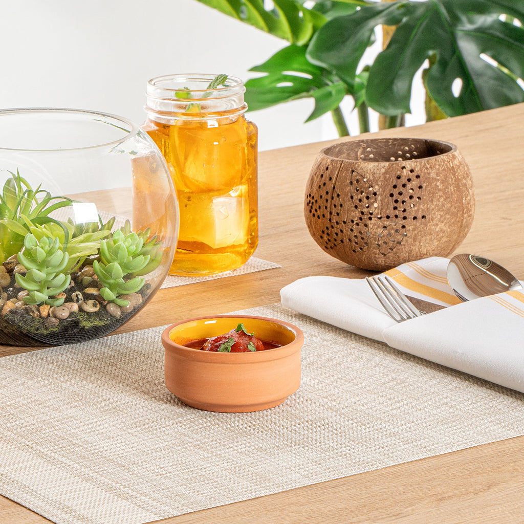 Terra Tek 3 oz Terracotta Cazuela Bowl - Yellow Glazed Interior, Oven-Safe, Microwave-Safe - 3 1/4'' x 3 1/4'' x 1 1/2'' - 2 count box