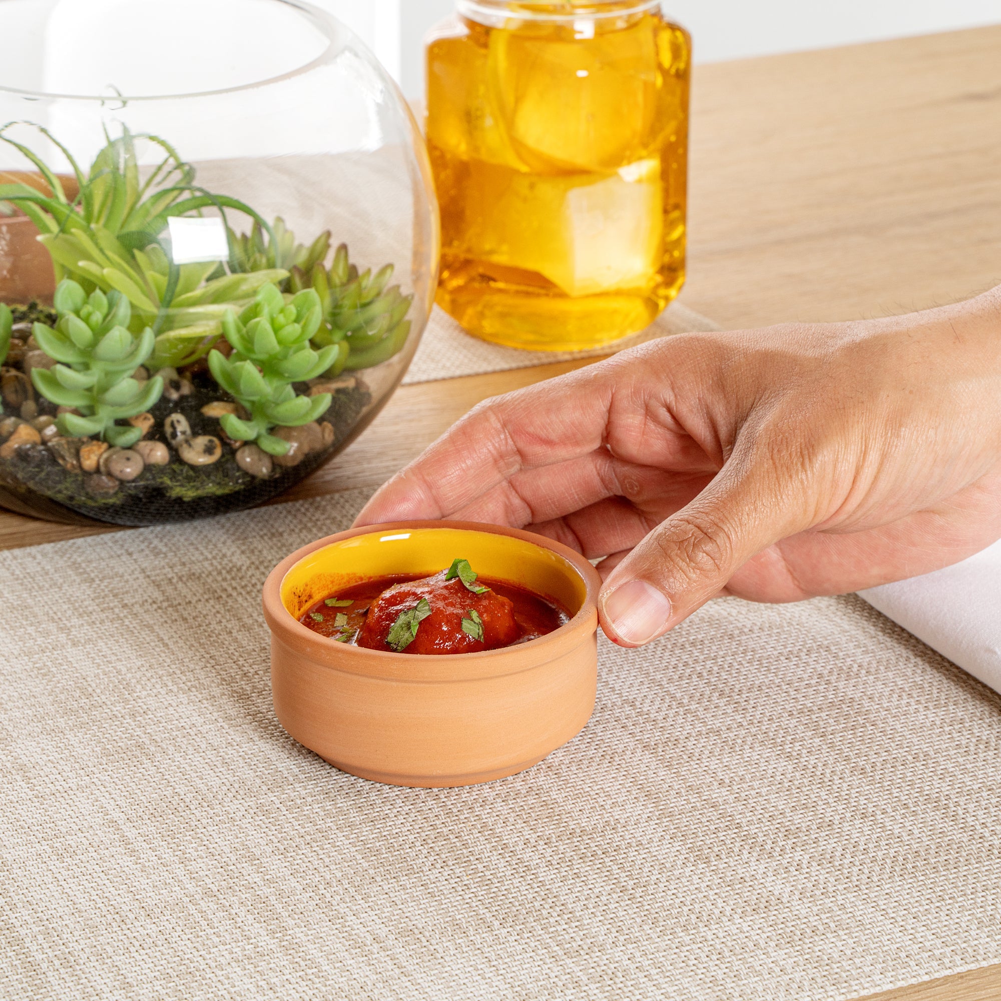 Terra Tek 3 oz Terracotta Cazuela Bowl - Yellow Glazed Interior, Oven-Safe, Microwave-Safe - 3 1/4'' x 3 1/4'' x 1 1/2'' - 2 count box