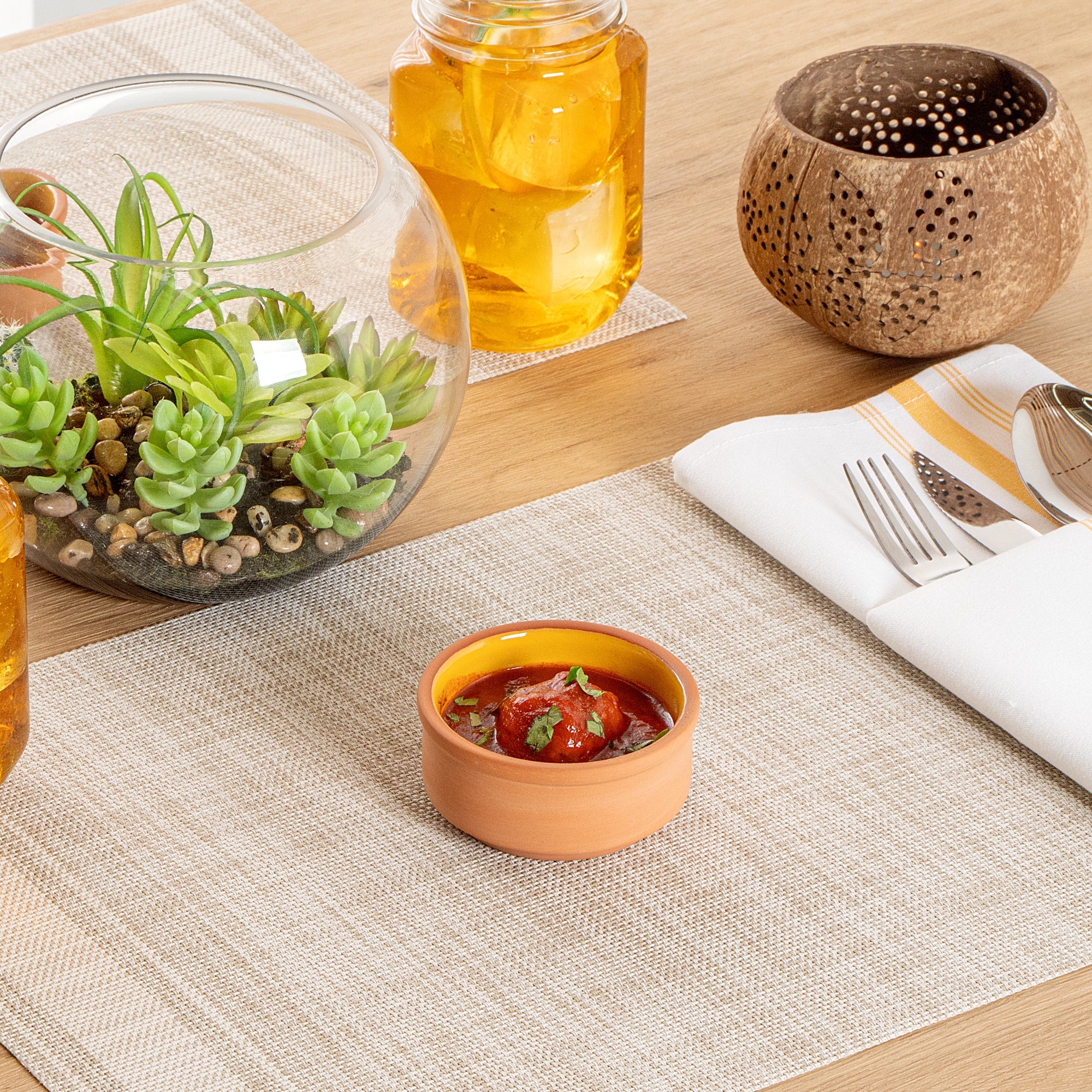 Terra Tek 3 oz Terracotta Cazuela Bowl - Yellow Glazed Interior, Oven-Safe, Microwave-Safe - 3 1/4'' x 3 1/4'' x 1 1/2'' - 2 count box