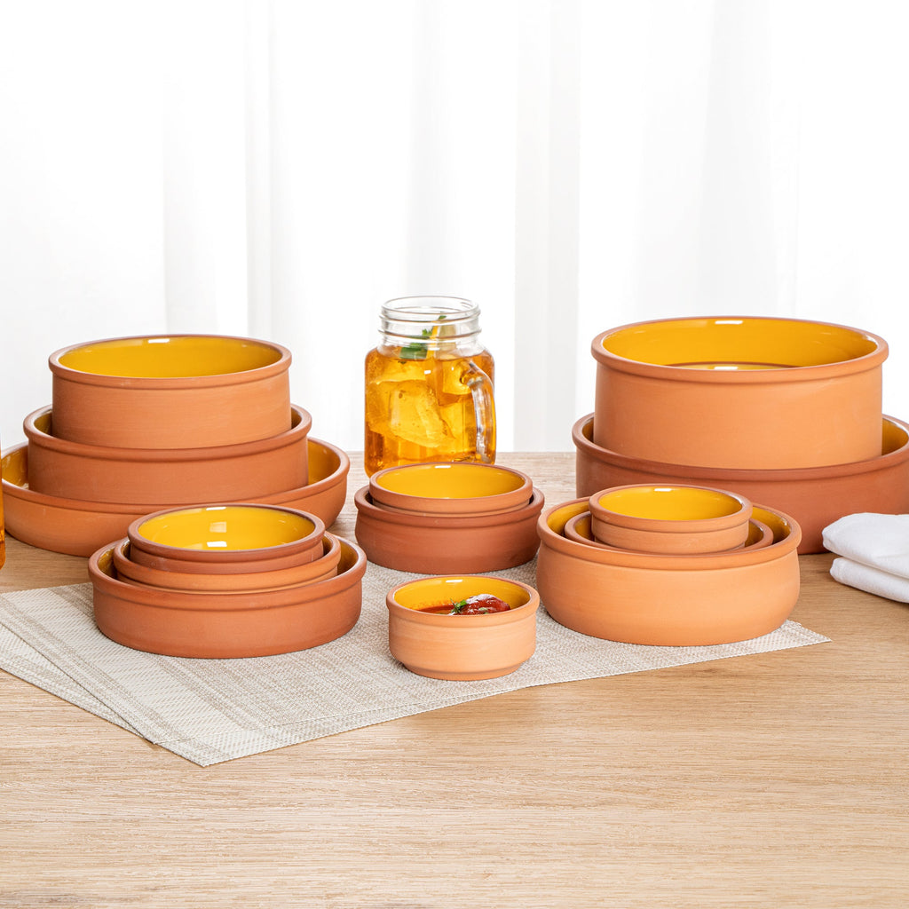Terra Tek 3 oz Terracotta Cazuela Bowl - Yellow Glazed Interior, Oven-Safe, Microwave-Safe - 3 1/4'' x 3 1/4'' x 1 1/2'' - 2 count box