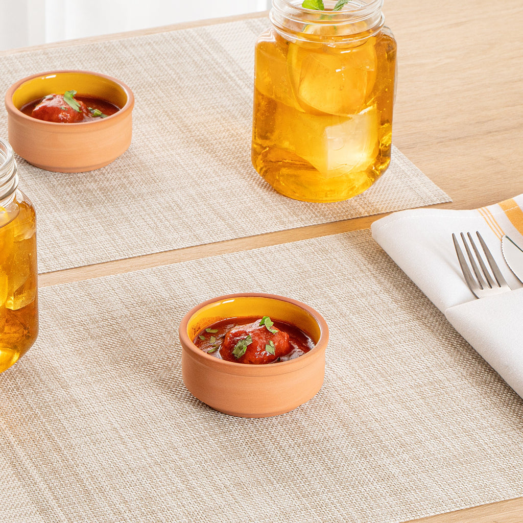 Terra Tek 3 oz Terracotta Cazuela Bowl - Yellow Glazed Interior, Oven-Safe, Microwave-Safe - 3 1/4'' x 3 1/4'' x 1 1/2'' - 10 count box