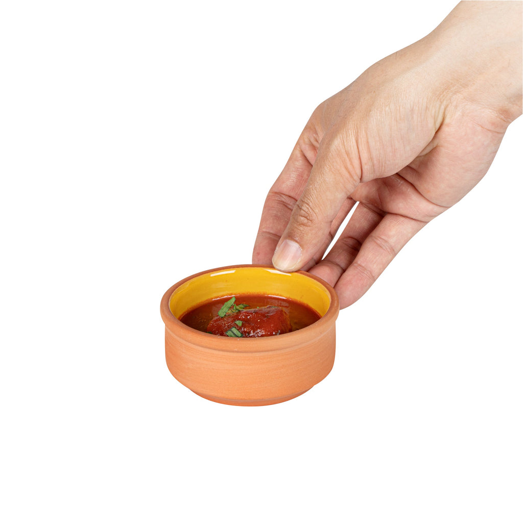 Terra Tek 3 oz Terracotta Cazuela Bowl - Yellow Glazed Interior, Oven-Safe, Microwave-Safe - 3 1/4'' x 3 1/4'' x 1 1/2'' - 10 count box