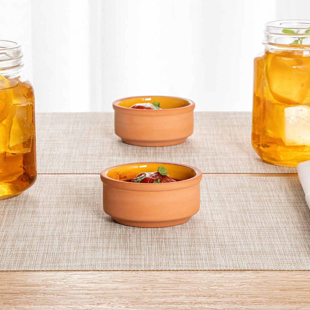 Terra Tek 3 oz Terracotta Cazuela Bowl - Yellow Glazed Interior, Oven-Safe, Microwave-Safe - 3 1/4'' x 3 1/4'' x 1 1/2'' - 10 count box