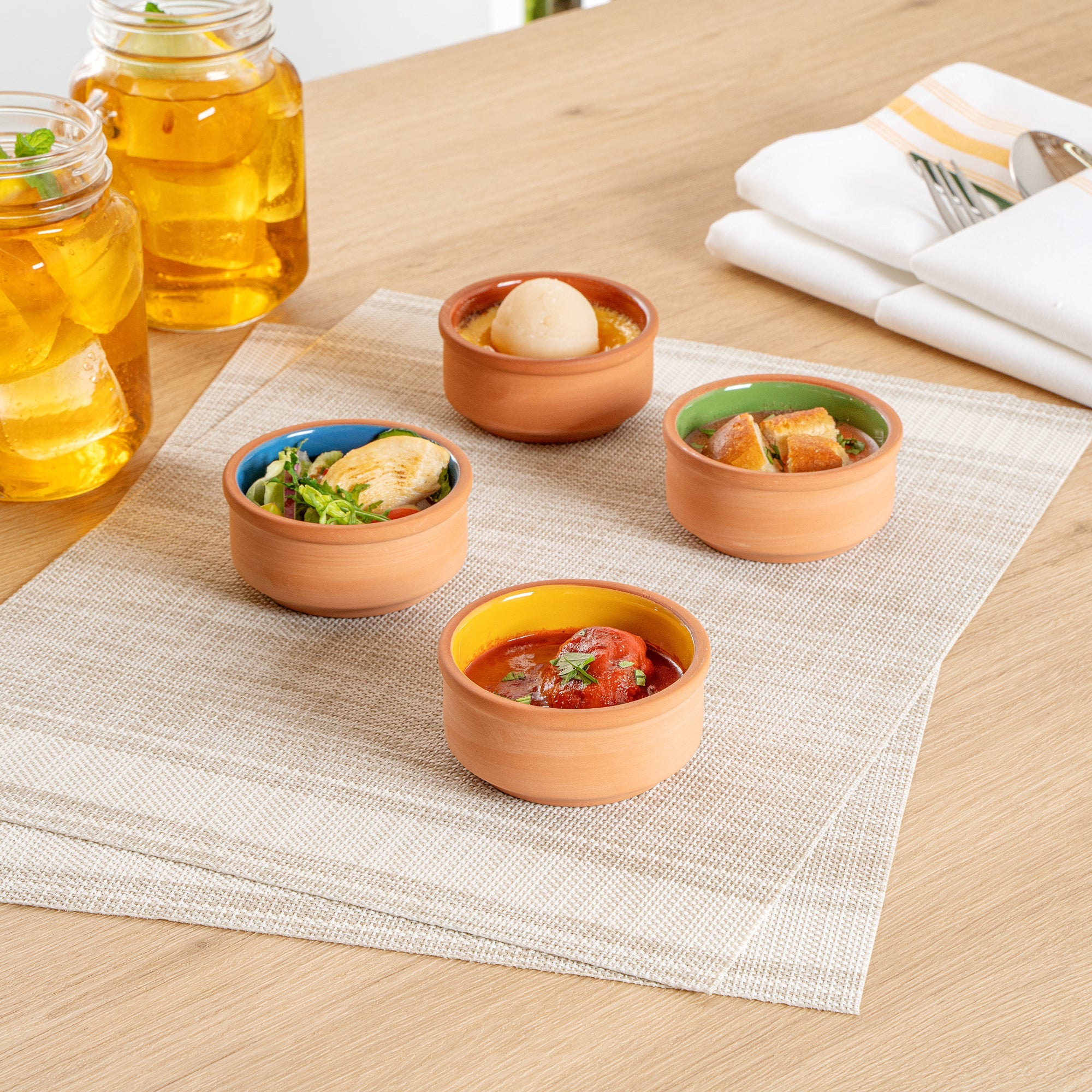 Terra Tek 3 oz Terracotta Cazuela Bowl - Yellow Glazed Interior, Oven-Safe, Microwave-Safe - 3 1/4'' x 3 1/4'' x 1 1/2'' - 10 count box