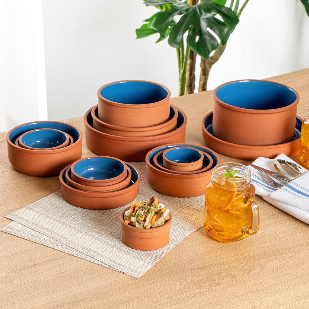 Terra Tek 5 oz Terracotta Cazuela Bowl - Blue Glazed Interior, Oven-Safe, Microwave-Safe - 3 3/4" x 3 3/4" x 1 3/4" - 2 count box