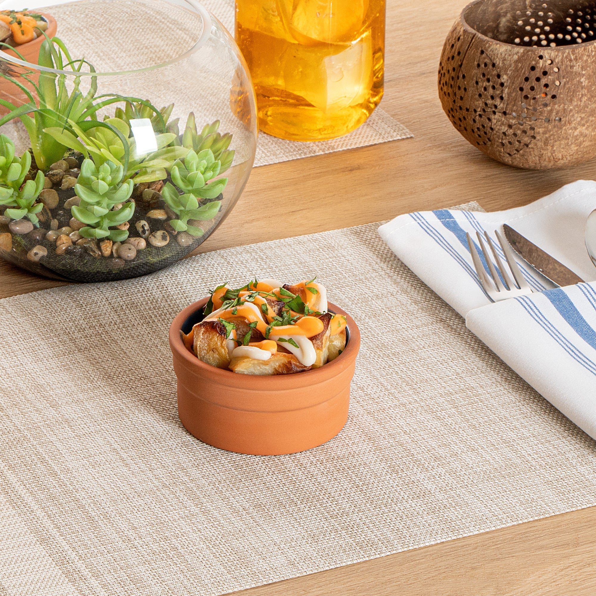 Terra Tek 5 oz Terracotta Cazuela Bowl - Blue Glazed Interior, Oven-Safe, Microwave-Safe - 3 3/4" x 3 3/4" x 1 3/4" - 10 count box