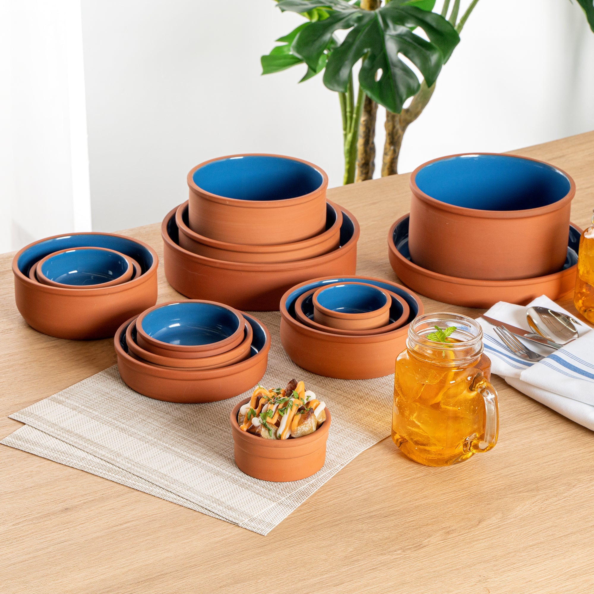 Terra Tek 5 oz Terracotta Cazuela Bowl - Blue Glazed Interior, Oven-Safe, Microwave-Safe - 3 3/4" x 3 3/4" x 1 3/4" - 10 count box