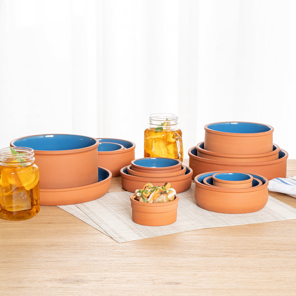 Terra Tek 5 oz Terracotta Cazuela Bowl - Blue Glazed Interior, Oven-Safe, Microwave-Safe - 3 3/4" x 3 3/4" x 1 3/4" - 10 count box