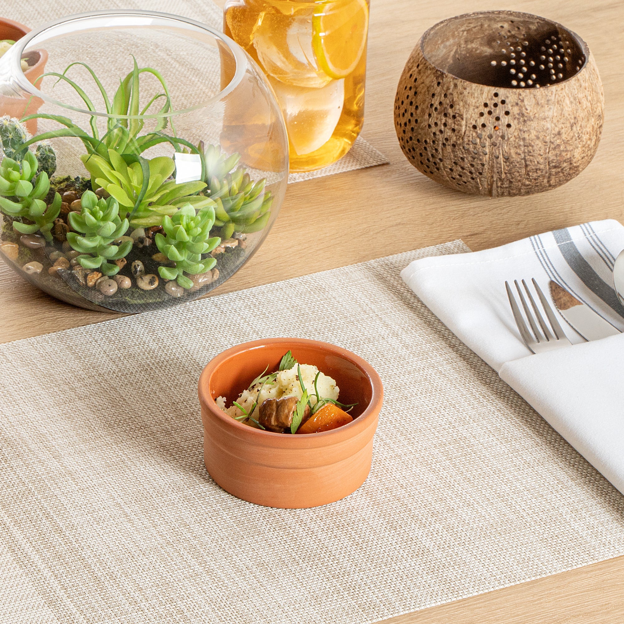 Terra Tek 5 oz Terracotta Cazuela Bowl - Brown Glazed Interior, Oven-Safe, Microwave-Safe - 3 3/4" x 3 3/4" x 1 3/4" - 2 count box