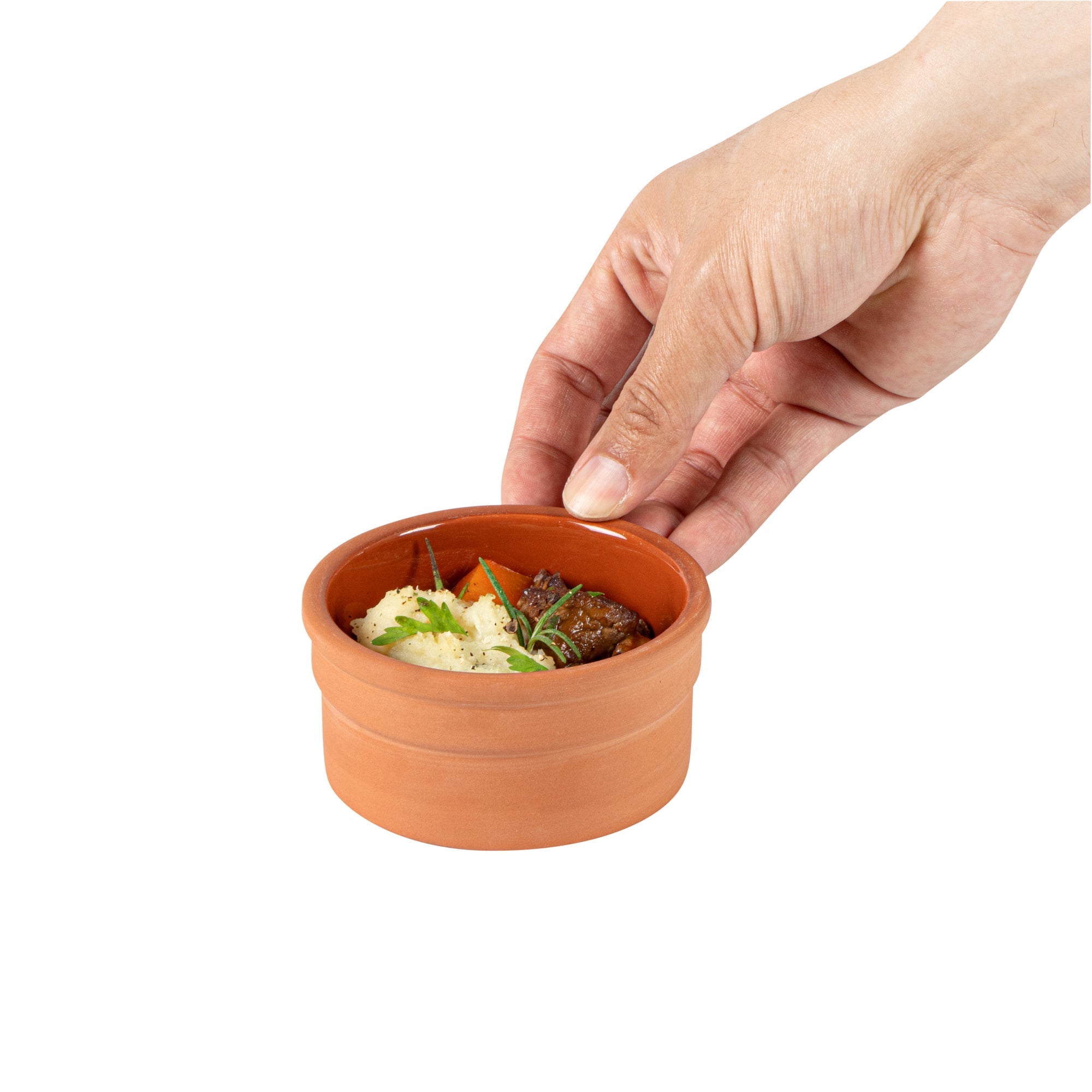 Terra Tek 5 oz Terracotta Cazuela Bowl - Brown Glazed Interior, Oven-Safe, Microwave-Safe - 3 3/4" x 3 3/4" x 1 3/4" - 10 count box