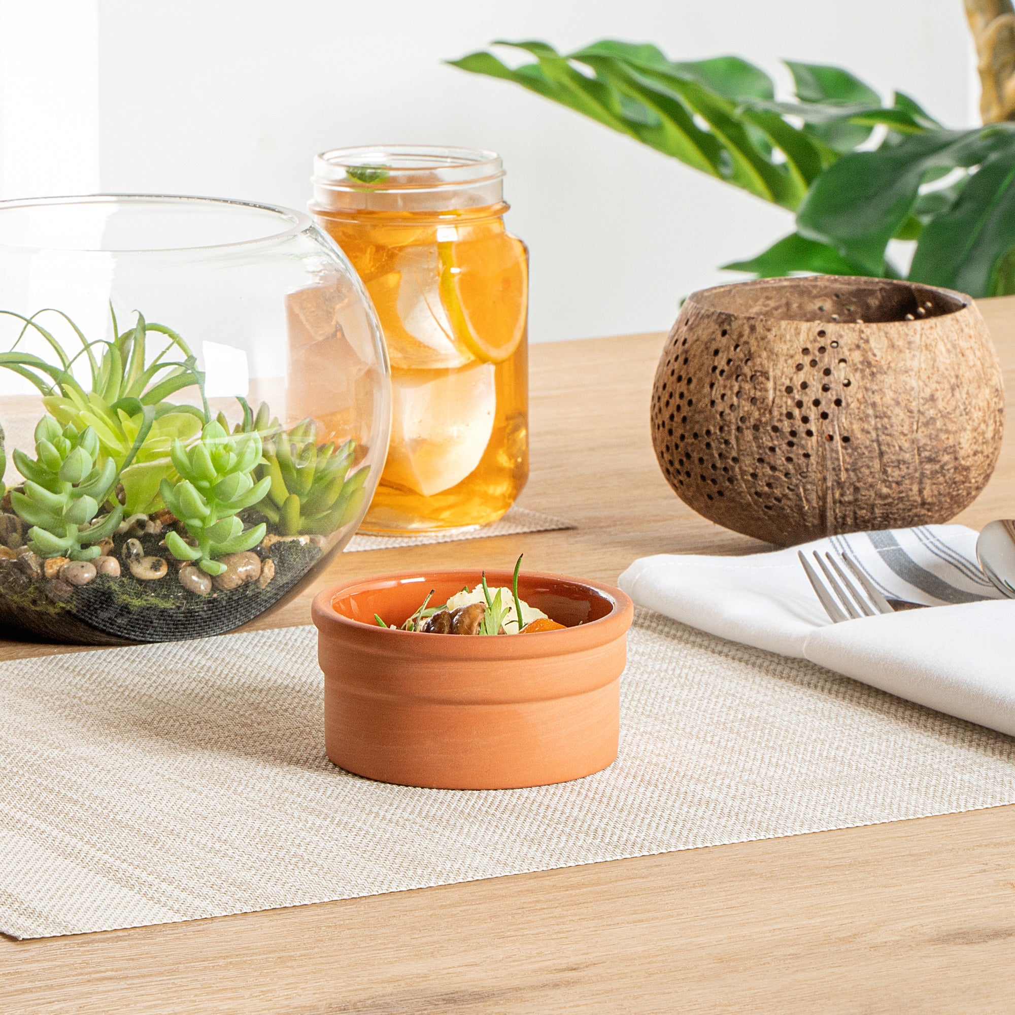 Terra Tek 5 oz Terracotta Cazuela Bowl - Brown Glazed Interior, Oven-Safe, Microwave-Safe - 3 3/4" x 3 3/4" x 1 3/4" - 10 count box