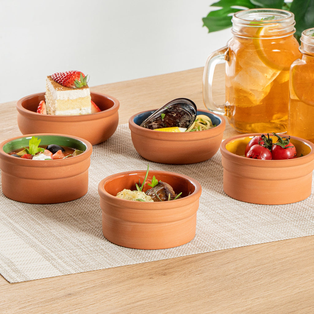 Terra Tek 5 oz Terracotta Cazuela Bowl - Brown Glazed Interior, Oven-Safe, Microwave-Safe - 3 3/4" x 3 3/4" x 1 3/4" - 10 count box