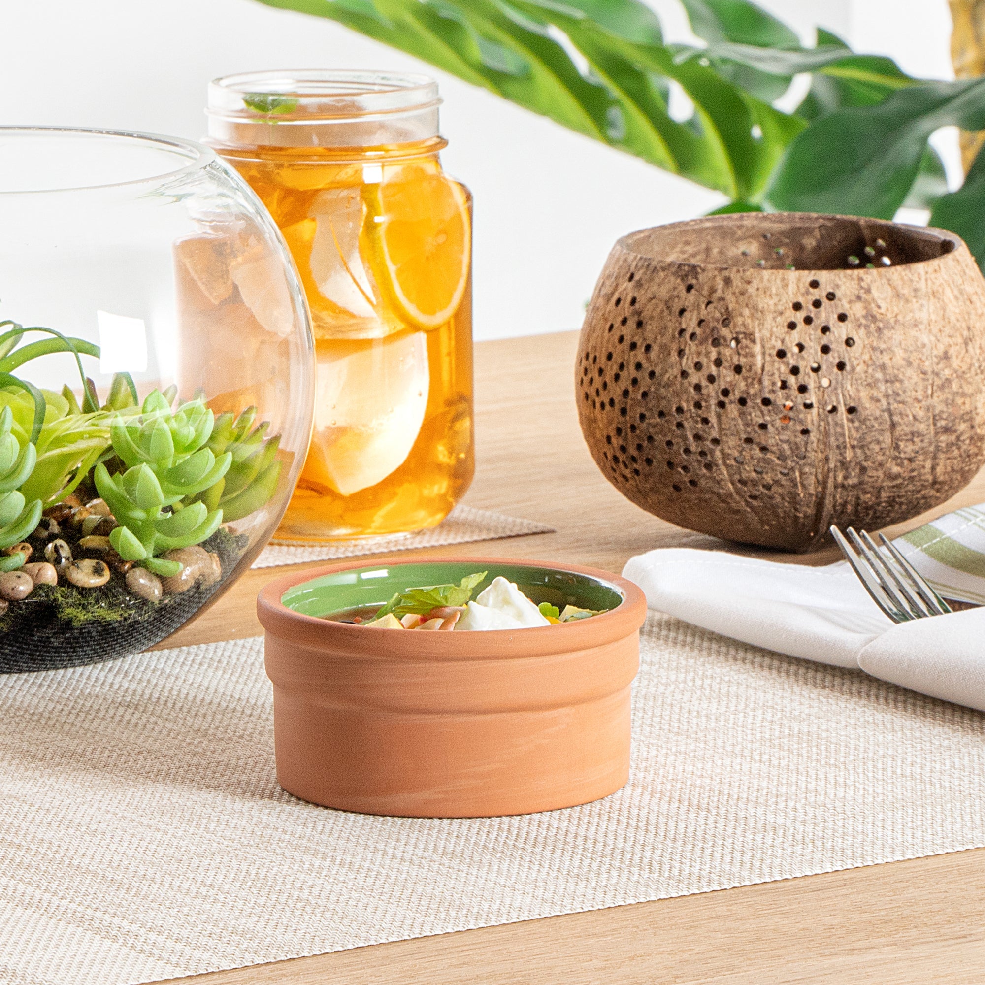 Terra Tek 5 oz Terracotta Cazuela Bowl - Green Glazed Interior, Oven-Safe, Microwave-Safe - 3 3/4" x 3 3/4" x 1 3/4" - 2 count box