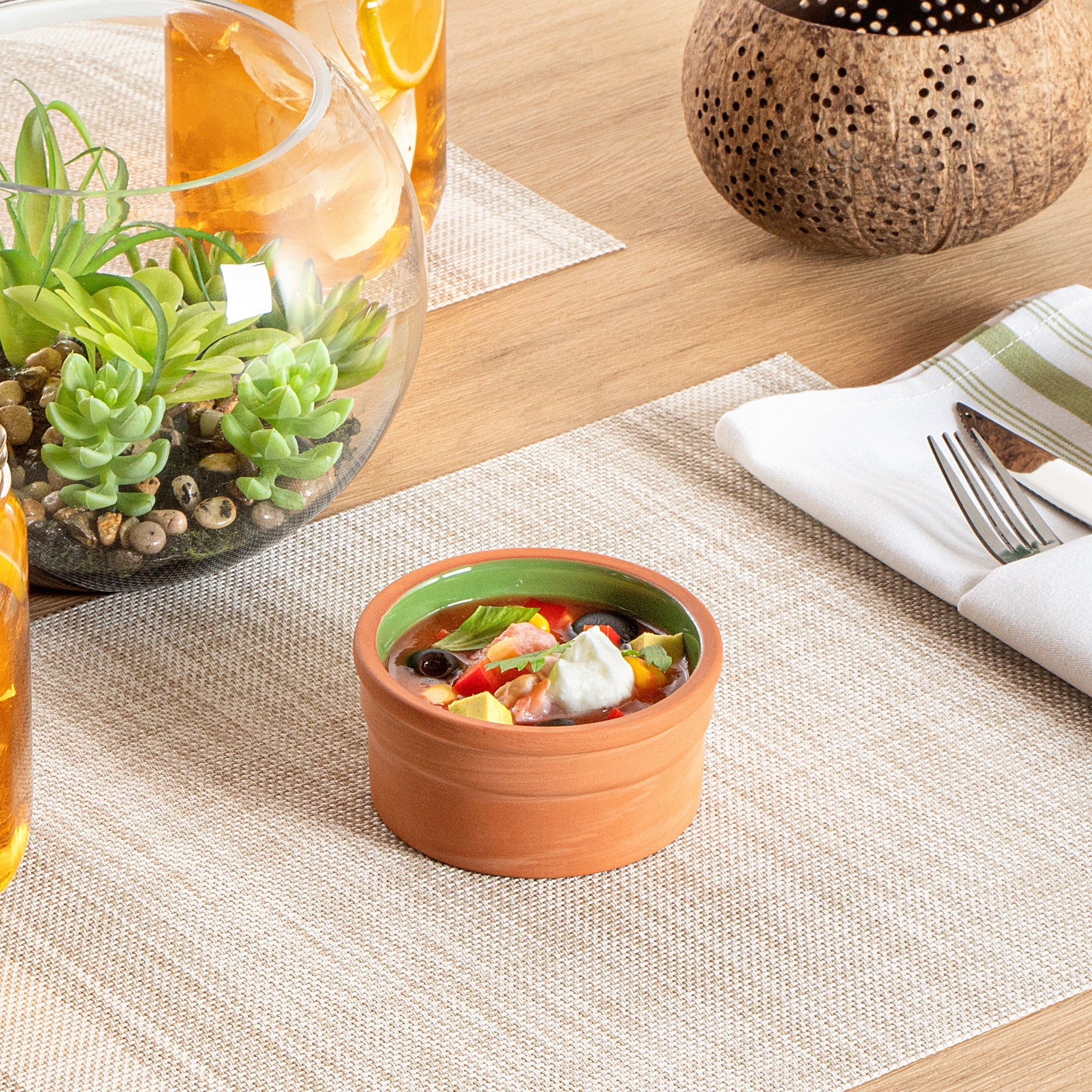 Terra Tek 5 oz Terracotta Cazuela Bowl - Green Glazed Interior, Oven-Safe, Microwave-Safe - 3 3/4" x 3 3/4" x 1 3/4" - 10 count box