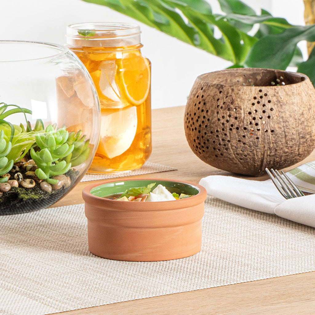 Terra Tek 5 oz Terracotta Cazuela Bowl - Green Glazed Interior, Oven-Safe, Microwave-Safe - 3 3/4" x 3 3/4" x 1 3/4" - 10 count box