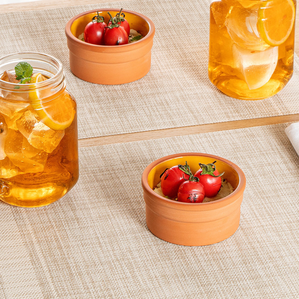Terra Tek 5 oz Terracotta Cazuela Bowl - Yellow Glazed Interior, Oven-Safe, Microwave-Safe - 3 3/4" x 3 3/4" x 1 3/4" - 2 count box