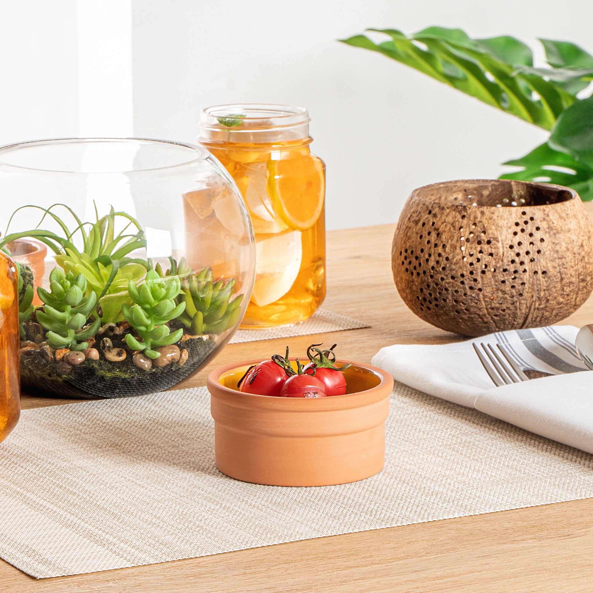 Terra Tek 5 oz Terracotta Cazuela Bowl - Yellow Glazed Interior, Oven-Safe, Microwave-Safe - 3 3/4" x 3 3/4" x 1 3/4" - 2 count box