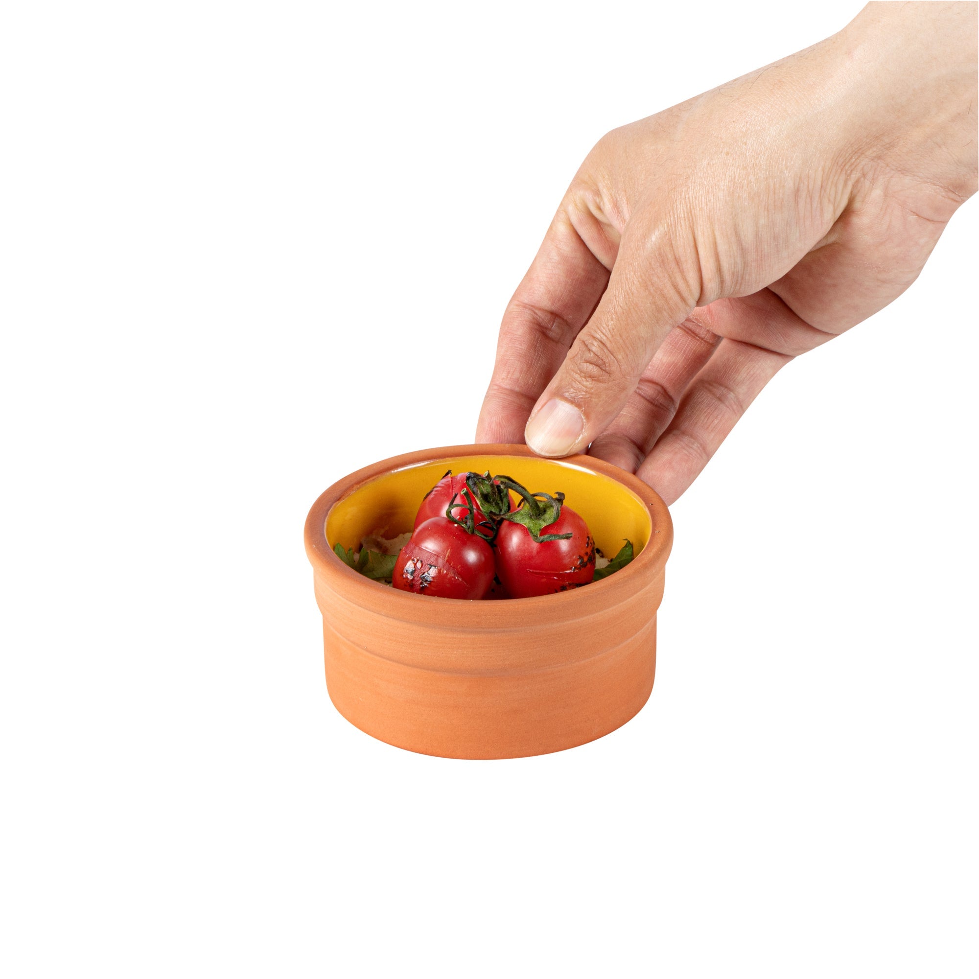 Terra Tek 5 oz Terracotta Cazuela Bowl - Yellow Glazed Interior, Oven-Safe, Microwave-Safe - 3 3/4" x 3 3/4" x 1 3/4" - 10 count box