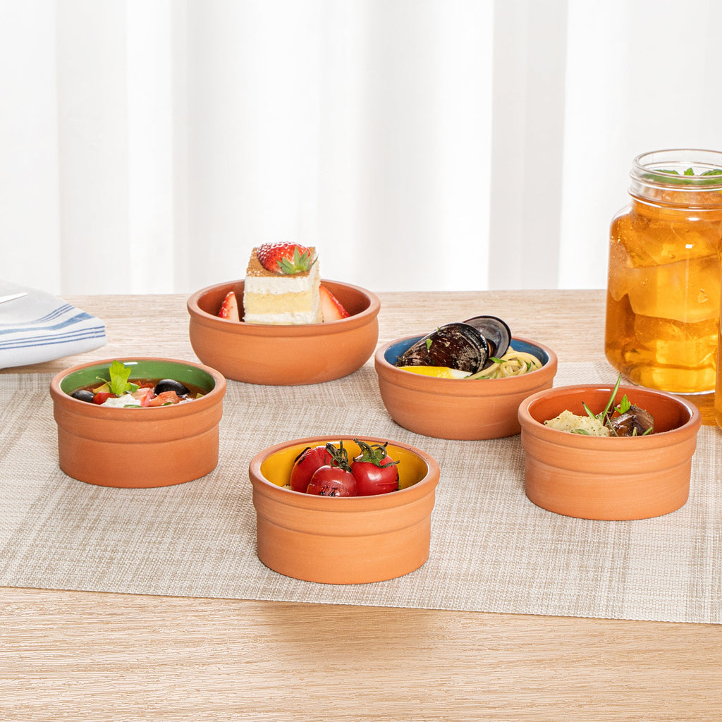 Terra Tek 5 oz Terracotta Cazuela Bowl - Yellow Glazed Interior, Oven-Safe, Microwave-Safe - 3 3/4" x 3 3/4" x 1 3/4" - 10 count box