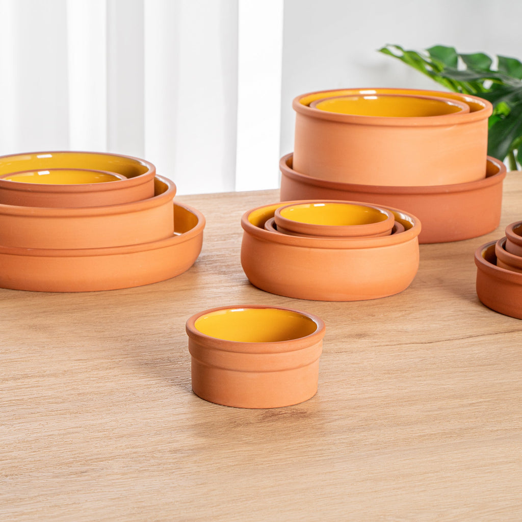 Terra Tek 5 oz Terracotta Cazuela Bowl - Yellow Glazed Interior, Oven-Safe, Microwave-Safe - 3 3/4" x 3 3/4" x 1 3/4" - 10 count box