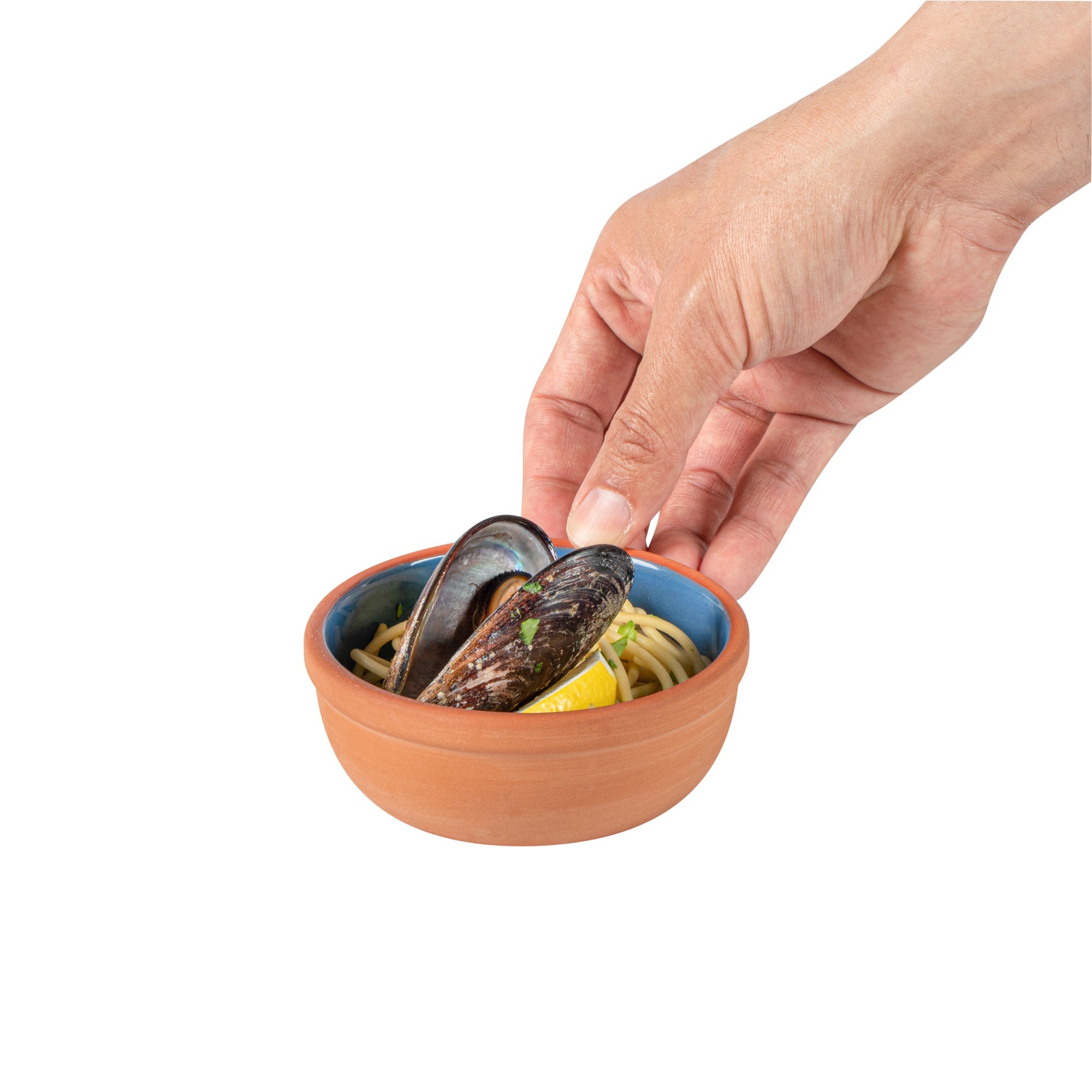 Terra Tek 5 oz Terracotta Cazuela Bowl - Blue Glazed Interior, Oven-Safe, Microwave-Safe - 4'' x 4'' x 1 1/2'' - 2 count box