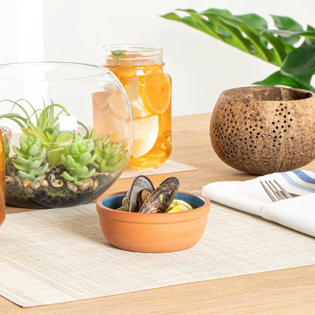 Terra Tek 5 oz Terracotta Cazuela Bowl - Blue Glazed Interior, Oven-Safe, Microwave-Safe - 4'' x 4'' x 1 1/2'' - 2 count box