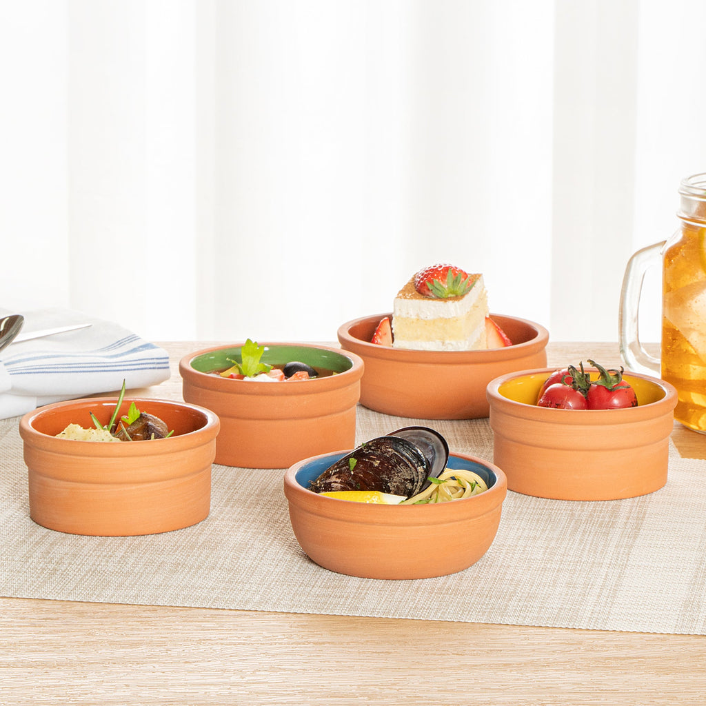 Terra Tek 5 oz Terracotta Cazuela Bowl - Blue Glazed Interior, Oven-Safe, Microwave-Safe - 4'' x 4'' x 1 1/2'' - 2 count box