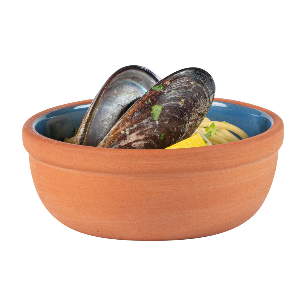 Terra Tek 5 oz Terracotta Cazuela Bowl - Blue Glazed Interior, Oven-Safe, Microwave-Safe - 4'' x 4'' x 1 1/2'' - 10 count box