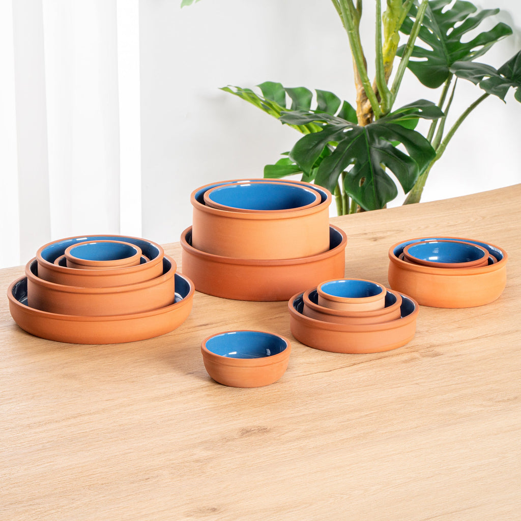 Terra Tek 5 oz Terracotta Cazuela Bowl - Blue Glazed Interior, Oven-Safe, Microwave-Safe - 4'' x 4'' x 1 1/2'' - 10 count box