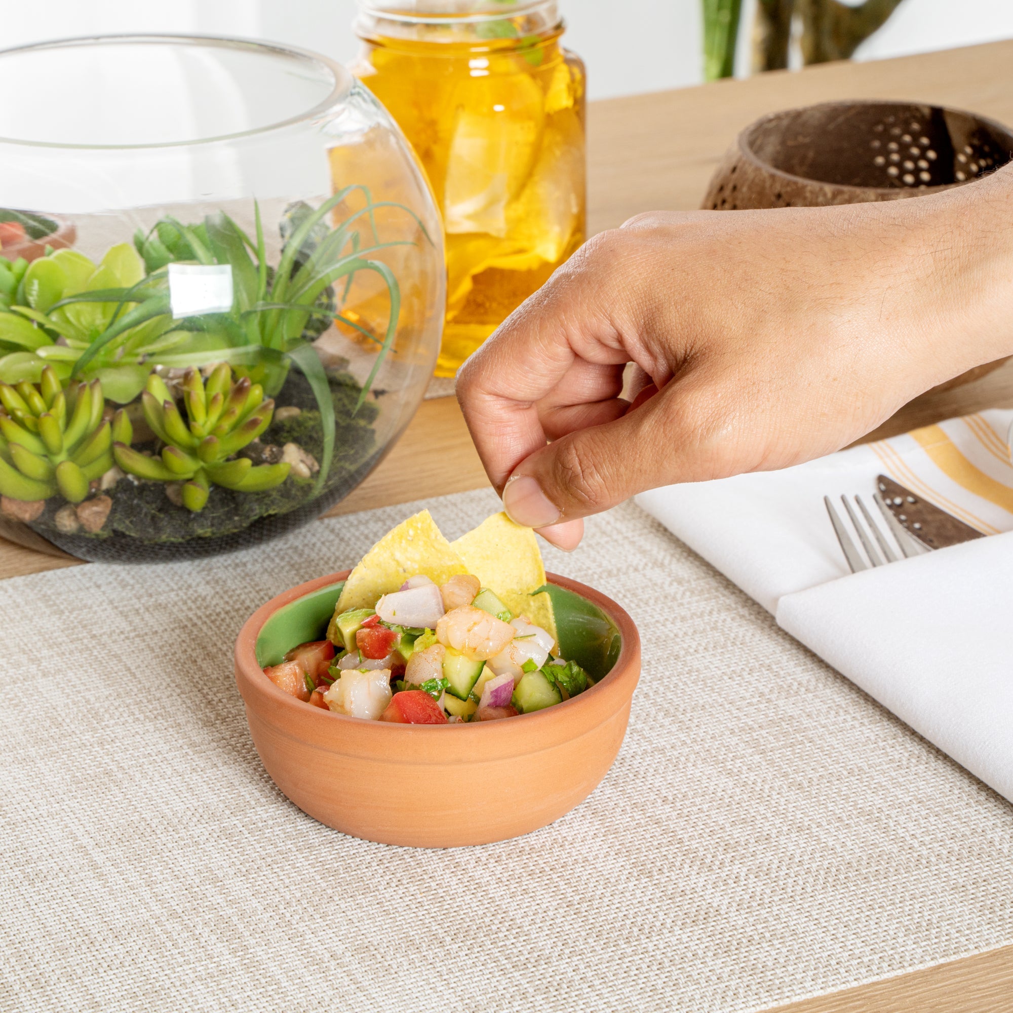 Terra Tek 5 oz Terracotta Cazuela Bowl - Green Glazed Interior, Oven-Safe, Microwave-Safe - 4'' x 4'' x 1 1/2'' - 10 count box