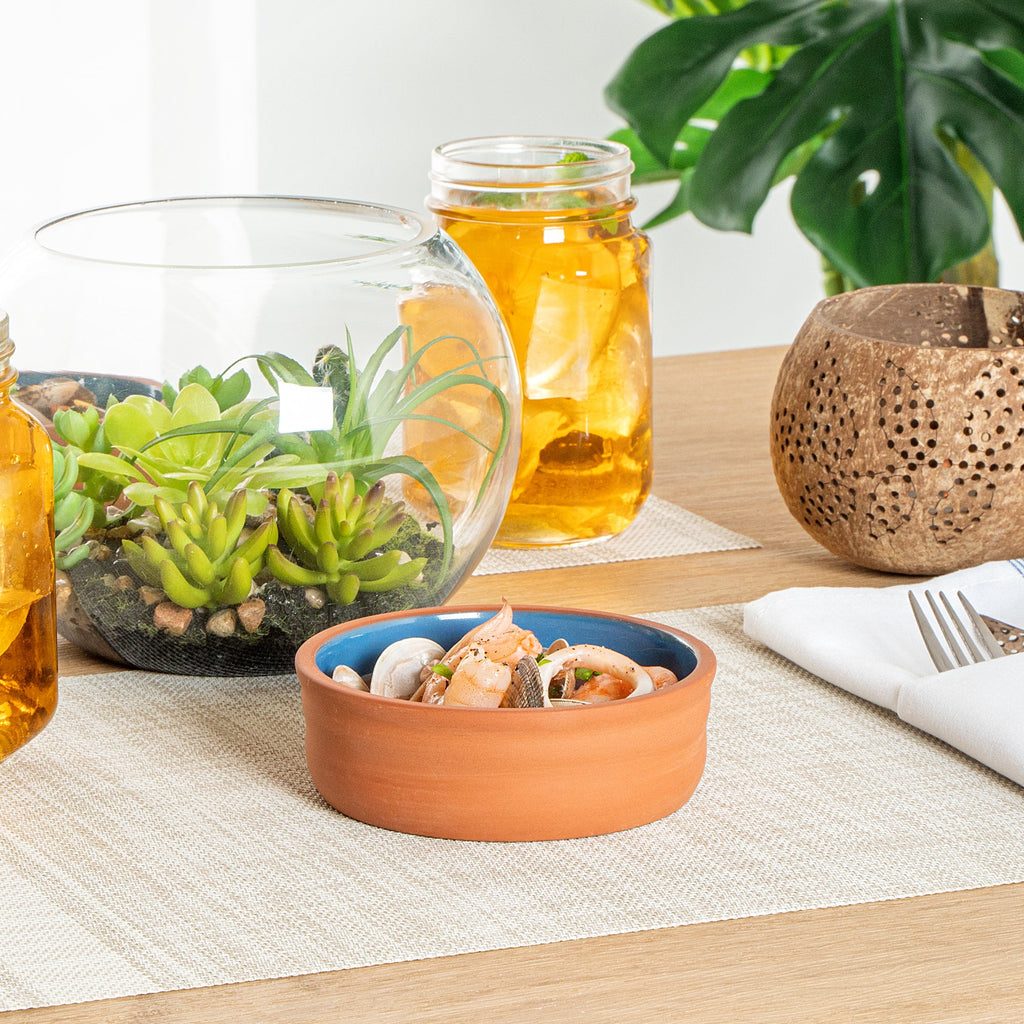Terra Tek 7 oz Terracotta Cazuela Bowl - Blue Glazed Interior, Oven-Safe, Microwave-Safe - 4 3/4'' x 4 3/4'' x 1 1/2'' - 2 count box