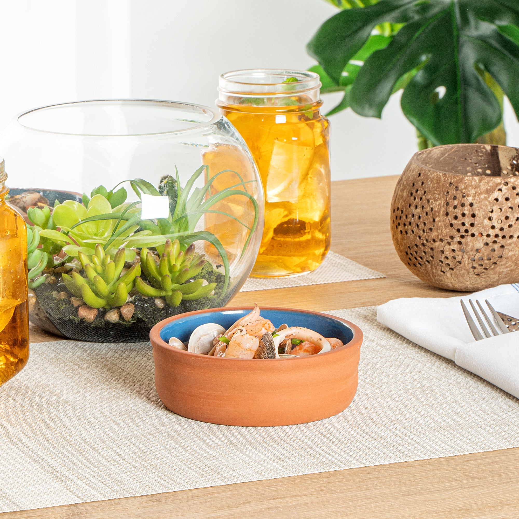 Terra Tek 7 oz Terracotta Cazuela Bowl - Blue Glazed Interior, Oven-Safe, Microwave-Safe - 4 3/4'' x 4 3/4'' x 1 1/2'' - 2 count box