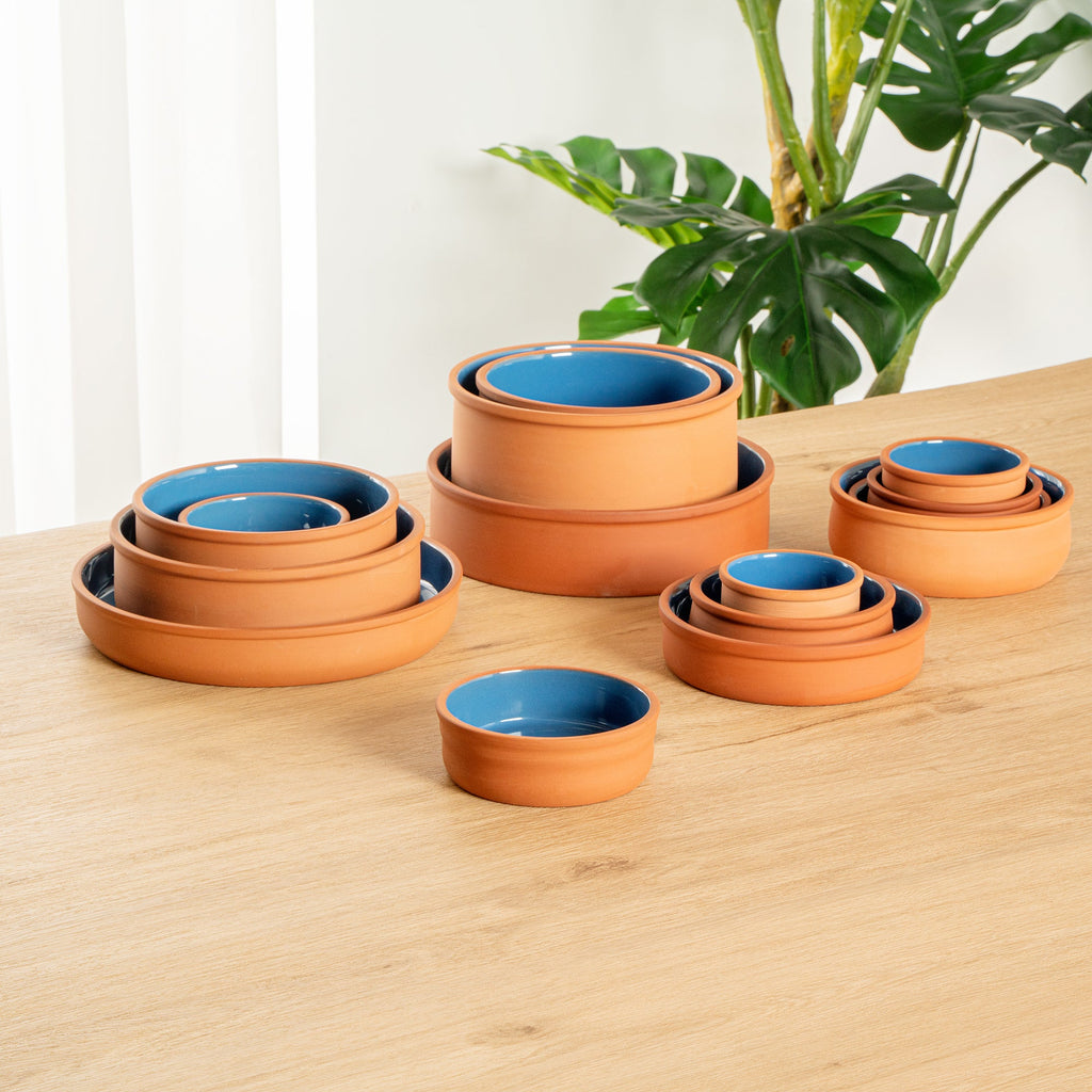 Terra Tek 7 oz Terracotta Cazuela Bowl - Blue Glazed Interior, Oven-Safe, Microwave-Safe - 4 3/4'' x 4 3/4'' x 1 1/2'' - 2 count box