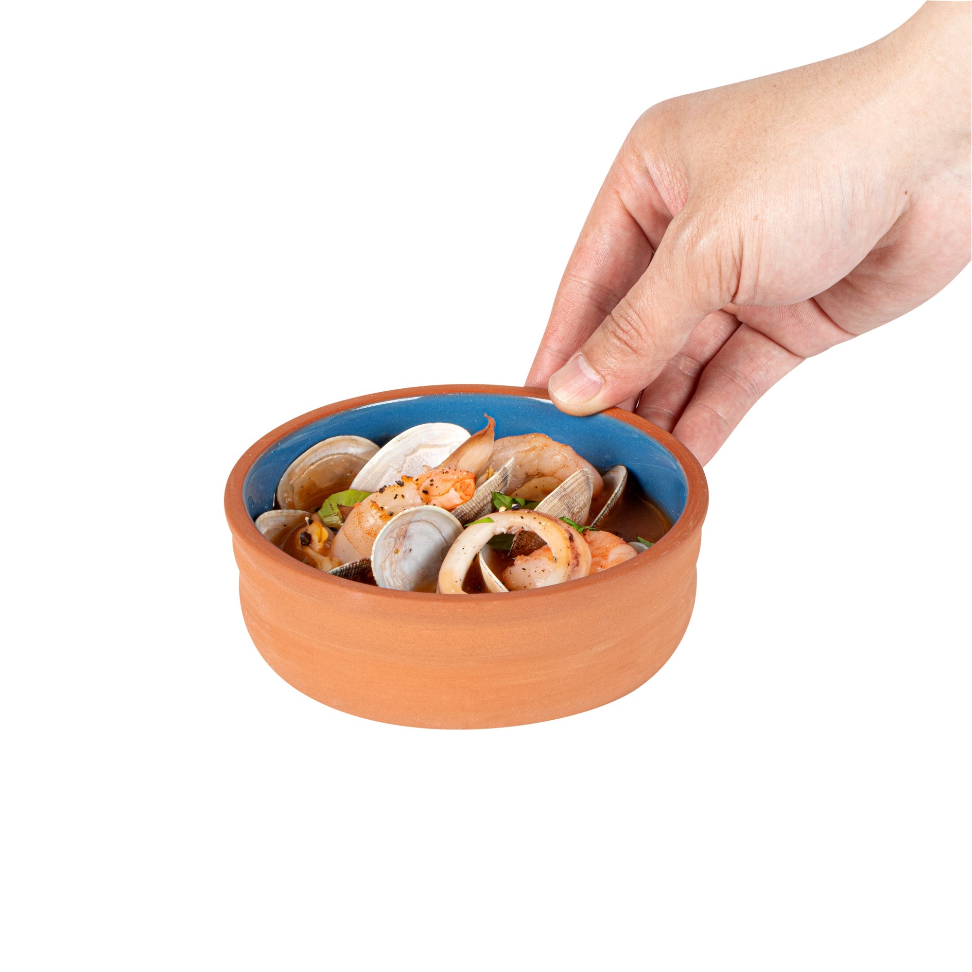 Terra Tek 7 oz Terracotta Cazuela Bowl - Blue Glazed Interior, Oven-Safe, Microwave-Safe - 4 3/4'' x 4 3/4'' x 1 1/2'' - 10 count box