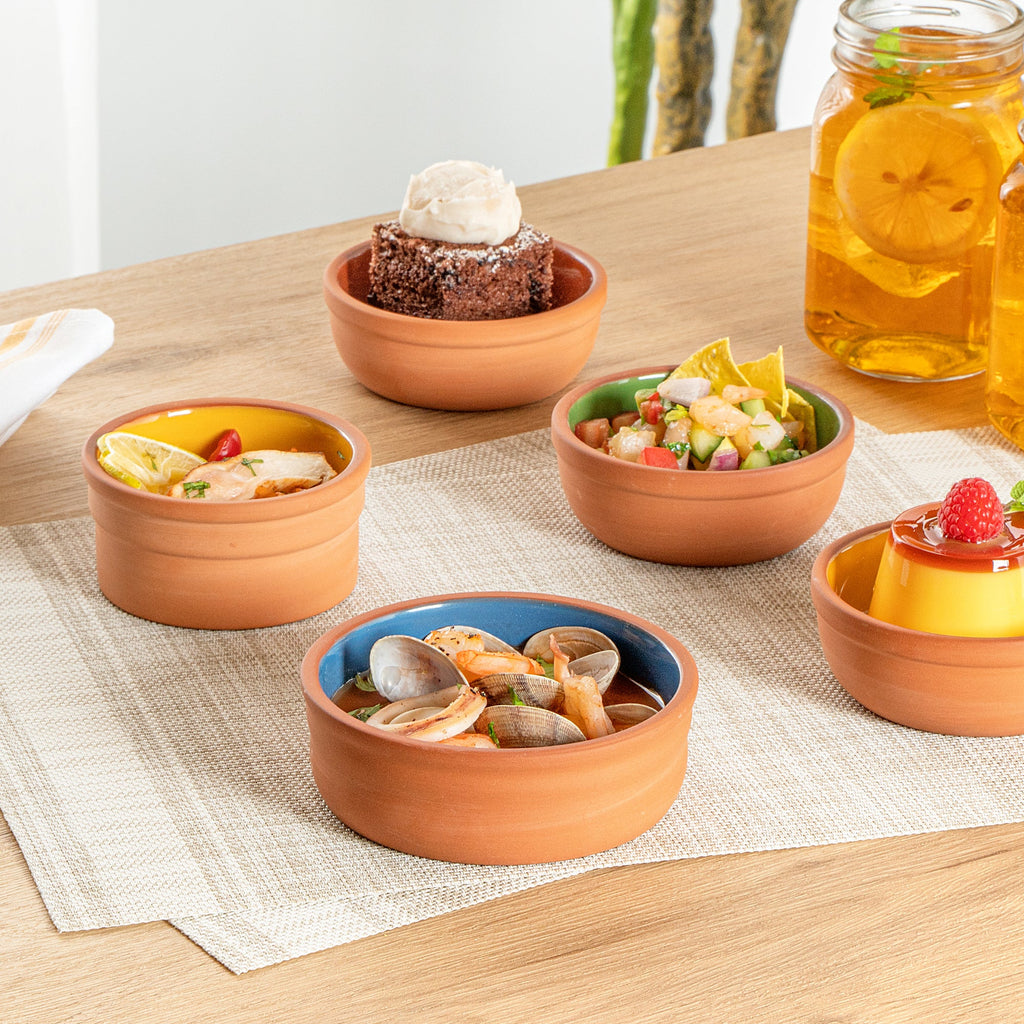 Terra Tek 7 oz Terracotta Cazuela Bowl - Blue Glazed Interior, Oven-Safe, Microwave-Safe - 4 3/4'' x 4 3/4'' x 1 1/2'' - 10 count box