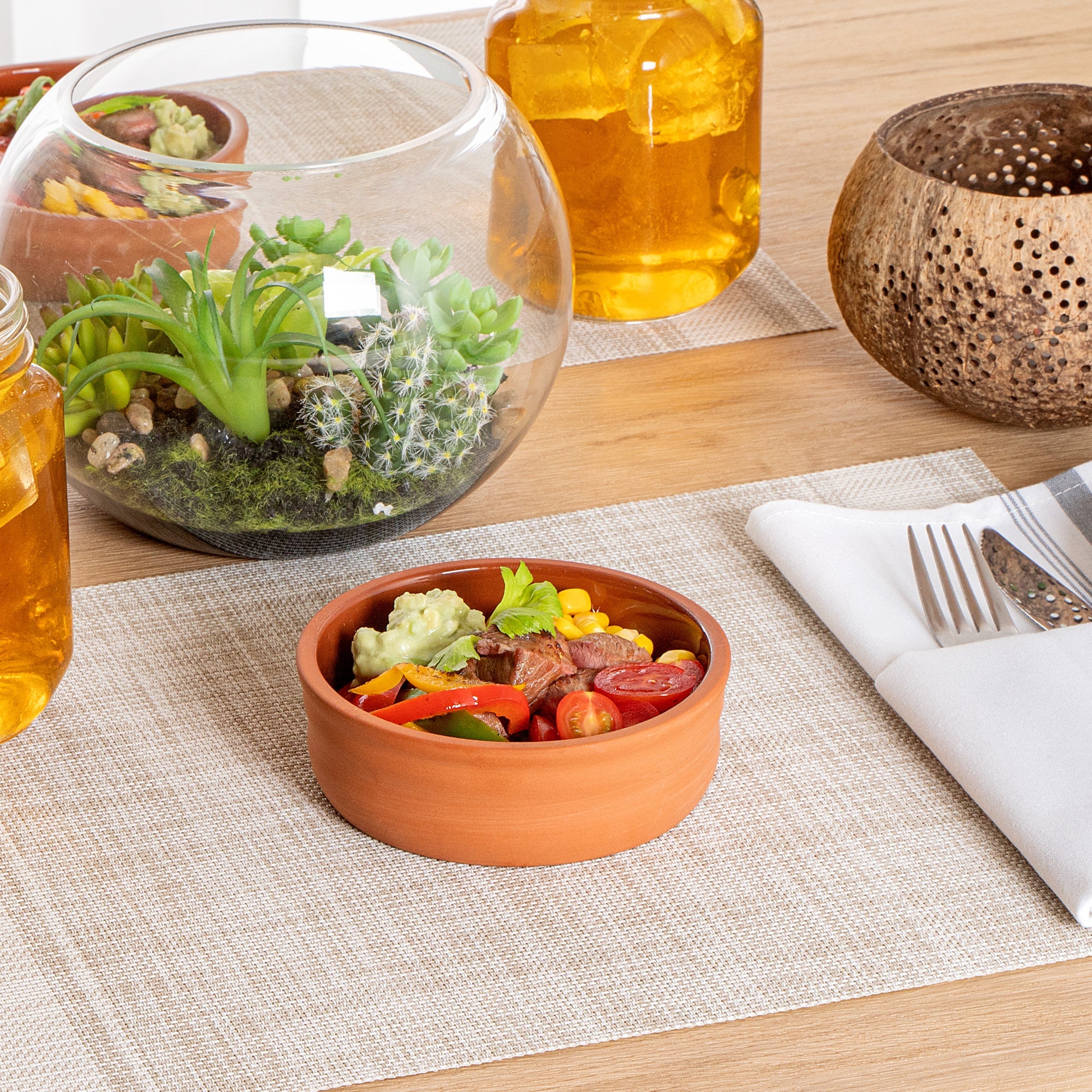 Terra Tek 7 oz Terracotta Cazuela Bowl - Brown Glazed Interior, Oven-Safe, Microwave-Safe - 4 3/4'' x 4 3/4'' x 1 1/2'' - 2 count box