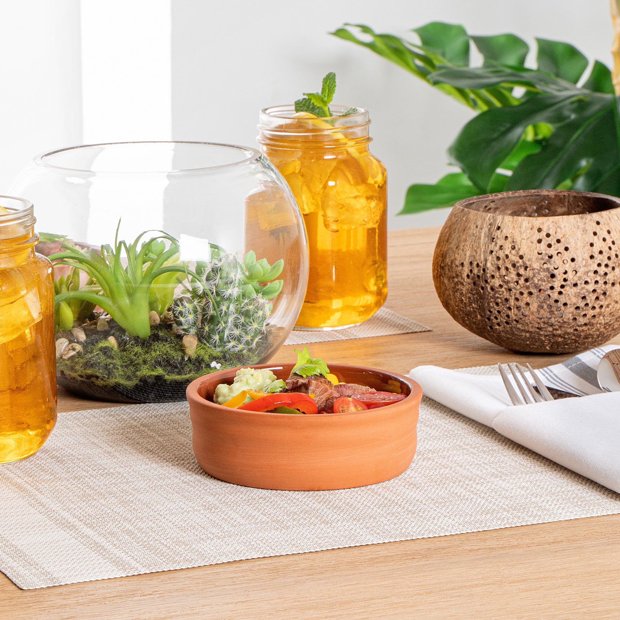 Terra Tek 7 oz Terracotta Cazuela Bowl - Brown Glazed Interior, Oven-Safe, Microwave-Safe - 4 3/4'' x 4 3/4'' x 1 1/2'' - 10 count box