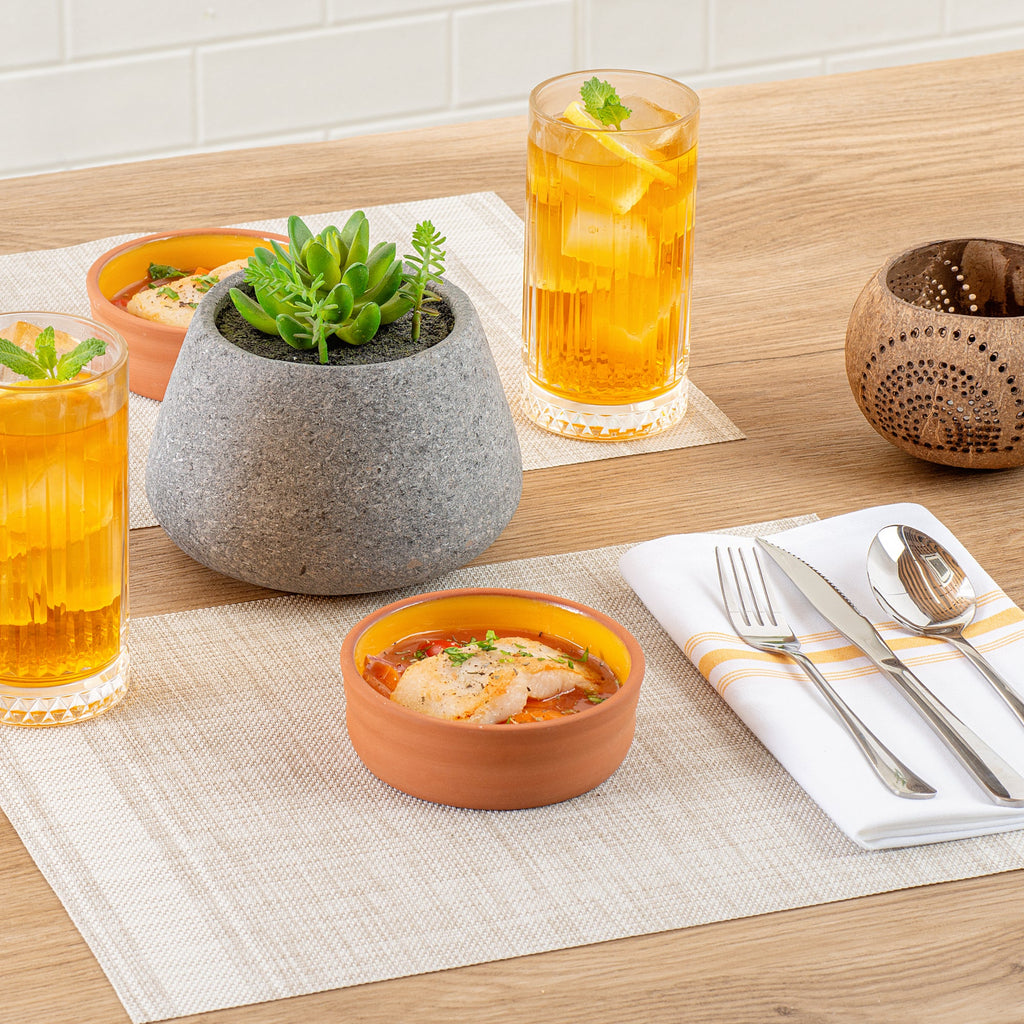 Terra Tek 7 oz Terracotta Cazuela Bowl - Yellow Glazed Interior, Oven-Safe, Microwave-Safe - 4 3/4'' x 4 3/4'' x 1 1/2'' - 2 count box