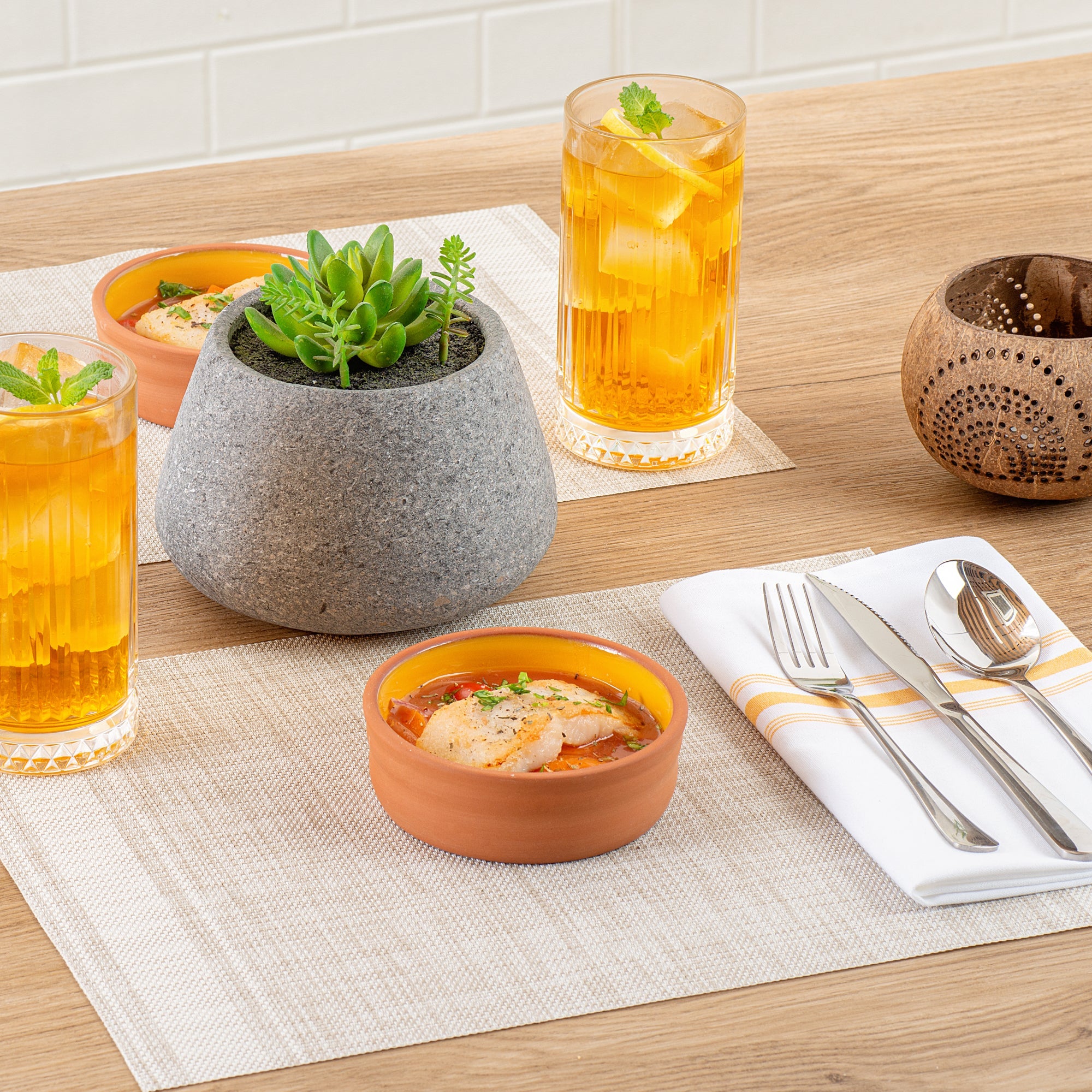 Terra Tek 7 oz Terracotta Cazuela Bowl - Yellow Glazed Interior, Oven-Safe, Microwave-Safe - 4 3/4'' x 4 3/4'' x 1 1/2'' - 10 count box