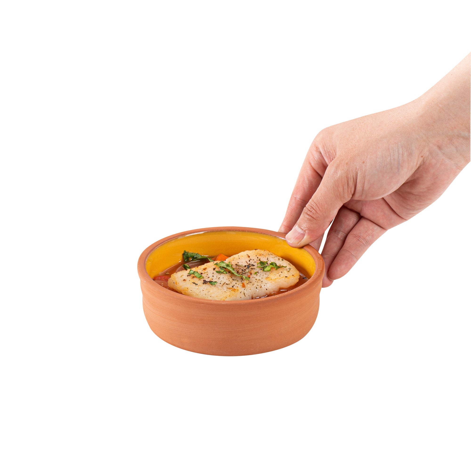 Terra Tek 7 oz Terracotta Cazuela Bowl - Yellow Glazed Interior, Oven-Safe, Microwave-Safe - 4 3/4'' x 4 3/4'' x 1 1/2'' - 10 count box