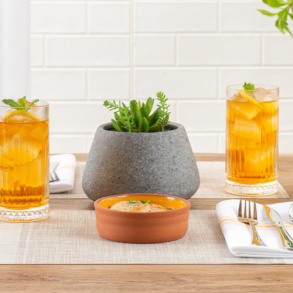 Terra Tek 7 oz Terracotta Cazuela Bowl - Yellow Glazed Interior, Oven-Safe, Microwave-Safe - 4 3/4'' x 4 3/4'' x 1 1/2'' - 10 count box