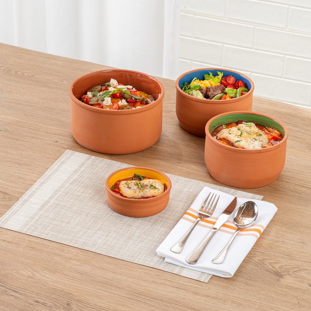 Terra Tek 7 oz Terracotta Cazuela Bowl - Yellow Glazed Interior, Oven-Safe, Microwave-Safe - 4 3/4'' x 4 3/4'' x 1 1/2'' - 10 count box