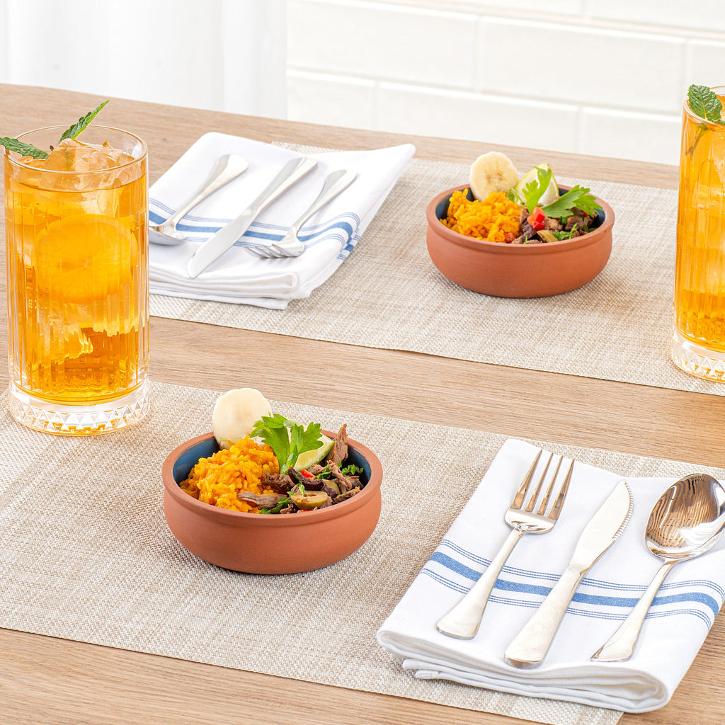 Terra Tek 7 oz Terracotta Cazuela Bowl - Blue Glazed Interior, Oven-Safe, Microwave-Safe - 4 1/2'' x 4 1/2'' x 1 1/2'' - 2 count box