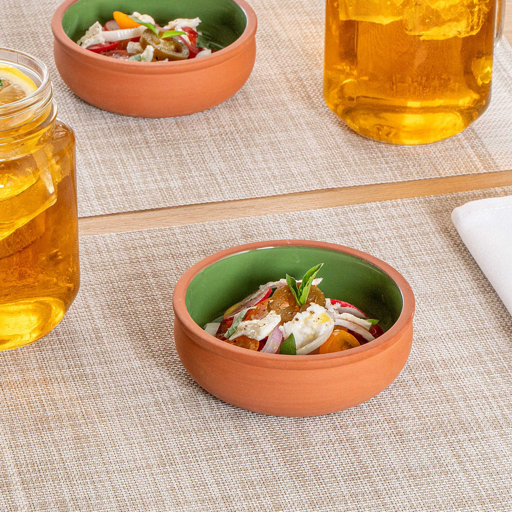 Terra Tek 7 oz Terracotta Cazuela Bowl - Green Glazed Interior, Oven-Safe, Microwave-Safe - 4 1/2'' x 4 1/2'' x 1 1/2'' - 2 count box